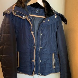 H&M coat size 6 Navy with golden zip and trim
